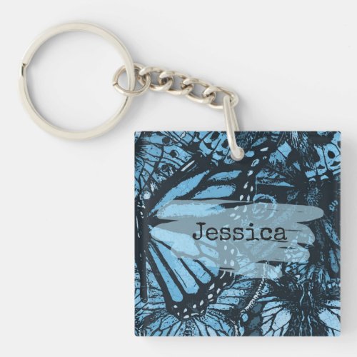 Abstract Grunge Blue Butterfly Art Personalized Keychain