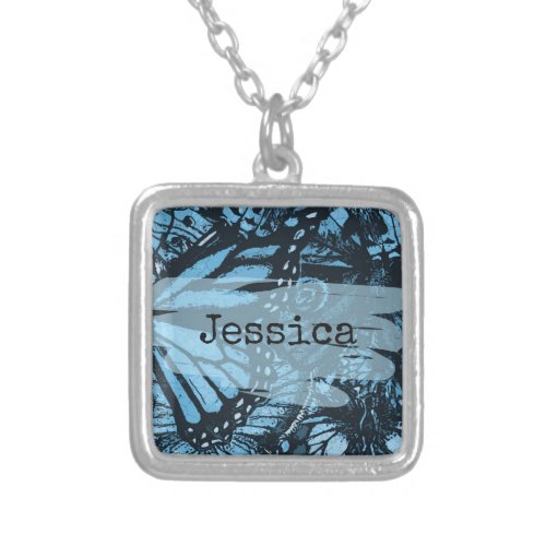 Abstract Grunge Blue Butterfly Art Personalized Silver Plated Necklace