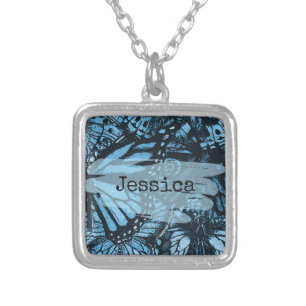 Abstract Grunge Blue Butterfly Art Personalized Silver Plated Necklace
