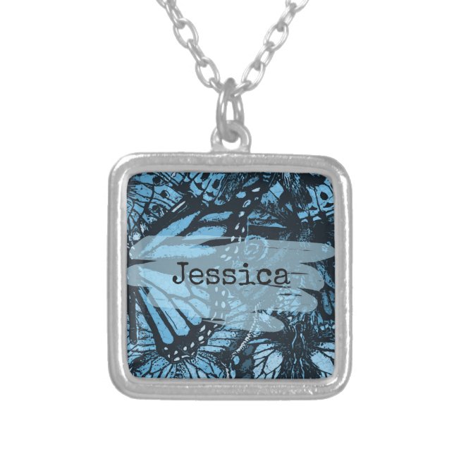 Abstract Grunge Blue Butterfly Art Personalized Silver Plated Necklace (Front)