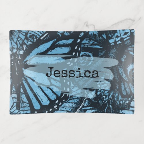 Abstract Grunge Blue Butterfly Art Personalized Trinket Tray