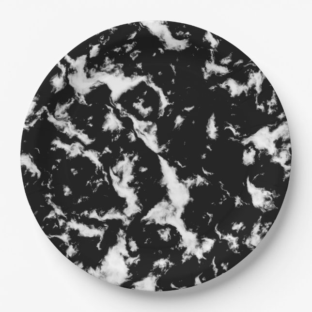 Abstract Grunge Marble - Black and White Paper Plates (Front)