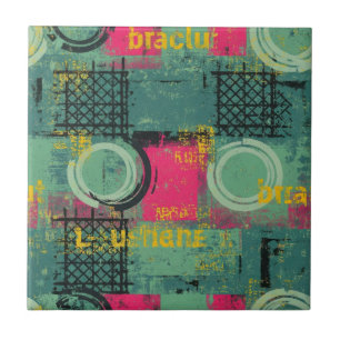 Abstract Grunge Pattern with Geometric Shapes Ceramic Tile