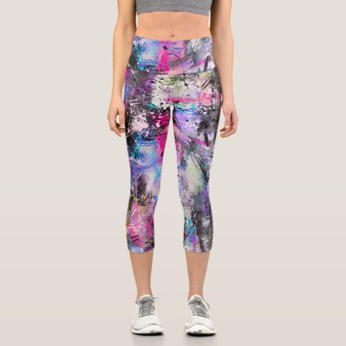 Abstract Grungy Colorful Paint Capri Leggings