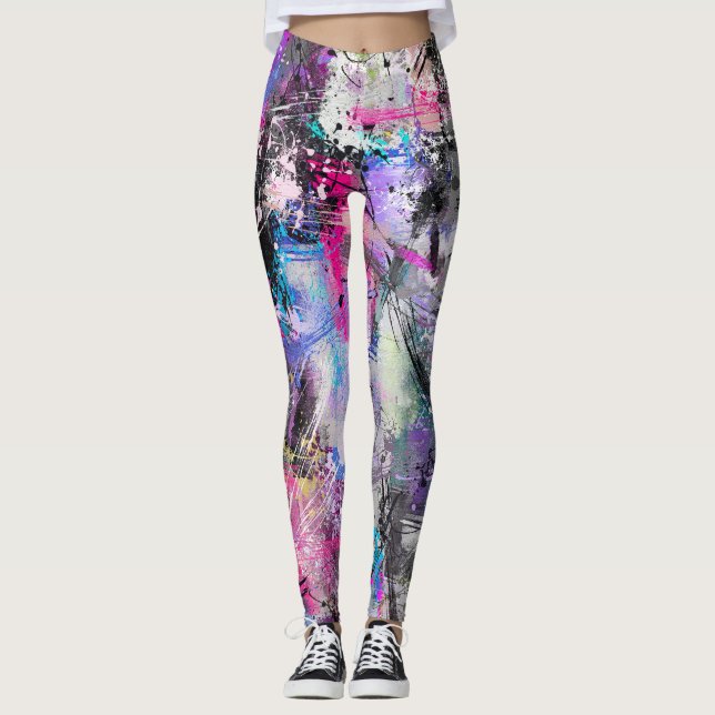 Abstract Grungy Colorful Paint Leggings (Front)