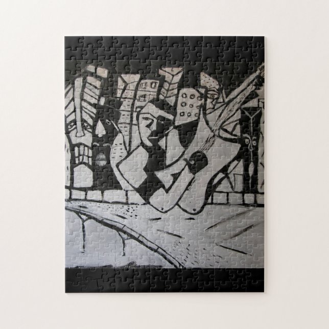 ABSTRACT GUITARIST BLACK WHITE JIGSAW PUZZLE (Vertical)