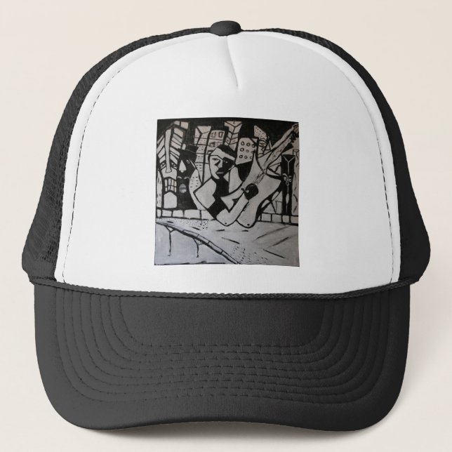 ABSTRACT GUITARIST BLACK WHITE TRUCKER HAT (Front)