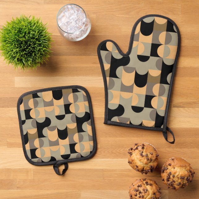 Abstract Half Circles Mod Op Fusion Art Pattern Oven Mitt & Pot Holder Set (Top Down)