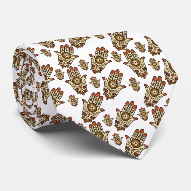 Abstract Hamsa Amulet (Hand of Fatima) Pattern Neck Tie (Rolled)