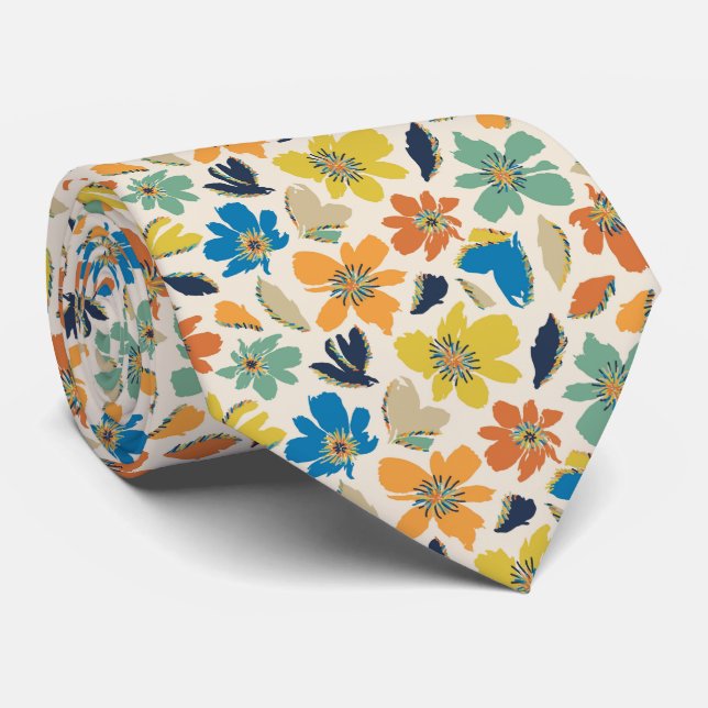 Abstract Hand-Drawn Boho Floral Pattern Neck Tie (Rolled)