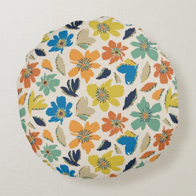 Abstract Hand-Drawn Boho Floral Pattern Round Pillow (Back)