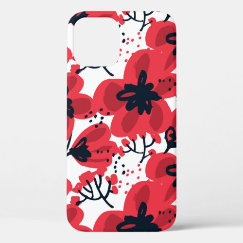 Abstract hand drawn red flowers seamless pattern iPhone 12 case