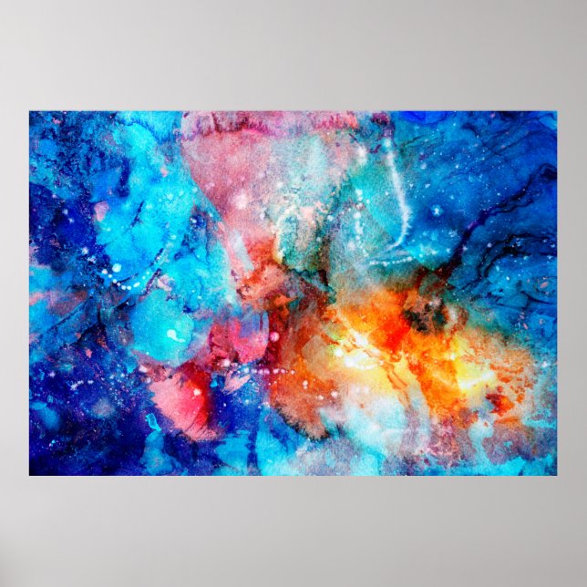 Abstract hand-made texture. Marbling blue and oran Poster (Front)