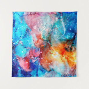 Abstract hand-made texture. Marbling blue and oran Tapestry