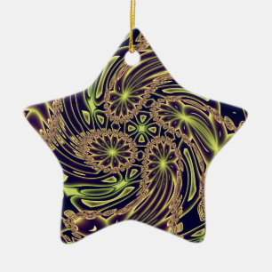 Abstract Happy Dance Neon Gold Fractal Art Ceramic Ornament