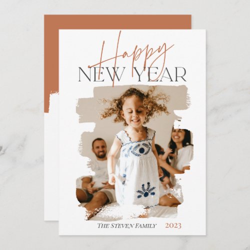 Abstract happy new year brushstroke terracotta holiday card