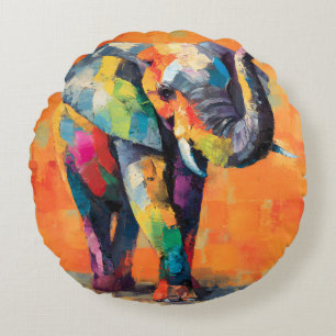Abstract Happy Rainbow Elephant Round Pillow
