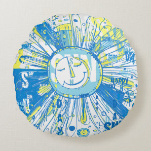 Abstract Happy Whimsical Sun Word Art Round Pillow
