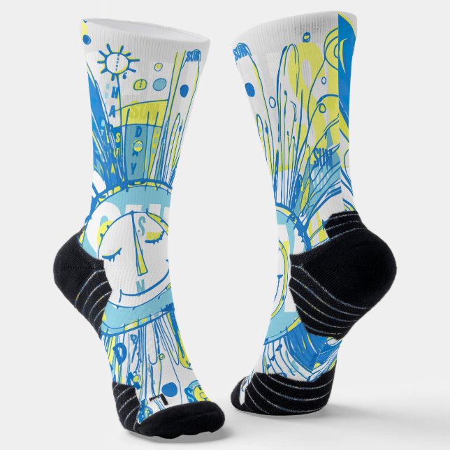 Abstract Happy Whimsical Sun Word Art Socks (Angled)