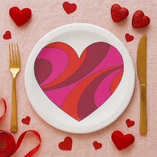 Abstract Heart Bold Red and Pink Swirl Pattern Paper Plates
