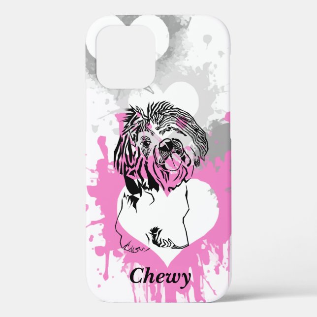 Abstract Hearts Blk-Inked Shih Tzu iPhone 12 Case (Back)