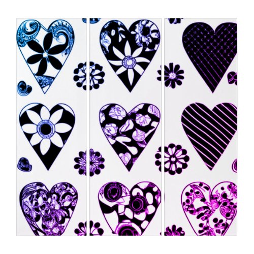 Abstract Hearts  Flowers Modern Color Pop Triptych