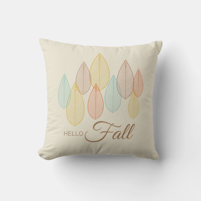 Abstract Hello Fall Leaves Multicolored Script Throw Pillow (Front)