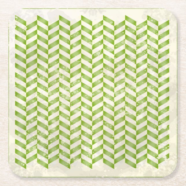 Abstract herringbone in greenery square paper coaster (Front)