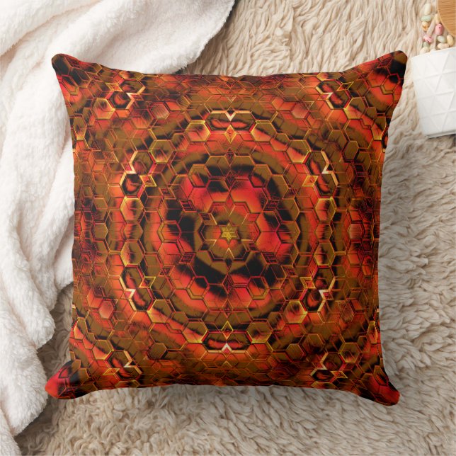 Abstract hexagons and cubes in stained ember red   throw pillow (Blanket)
