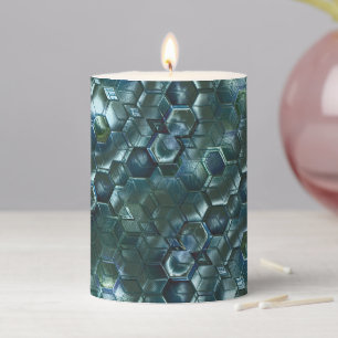 Abstract hexagons in stained luminosity dark cyan  pillar candle