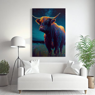 Abstract Highland Cow In A Field At Night Colorful Canvas Print