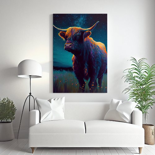 Abstract Highland Cow In A Field At Night Colorful Canvas Print
