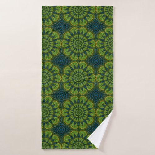   Abstract Hippie Green  Navy Blue Flowers Ethnic Bath Towel