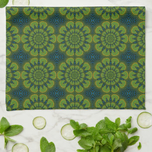   Abstract Hippie Green & Navy Blue Flowers Ethnic Kitchen Towel