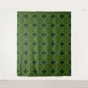 Abstract Hippie Green & Navy Blue Flowers Ethnic Tapestry