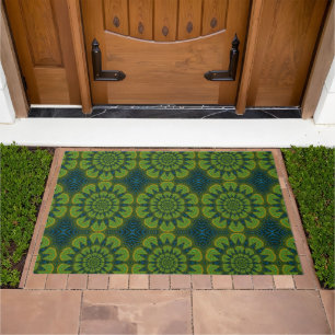   Abstract Hippie Green & Navy Blue Flowers Tribal Doormat