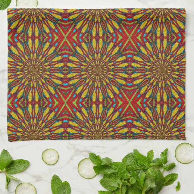  Abstract Hippie Red & Yellow Floral Ethnic Tribal Kitchen Towel (Folded)