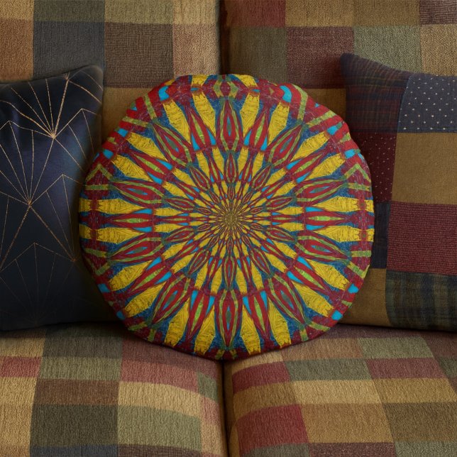  Abstract Hippie Red & Yellow Floral Ethnic Tribal Round Pillow (Creator Uploaded)