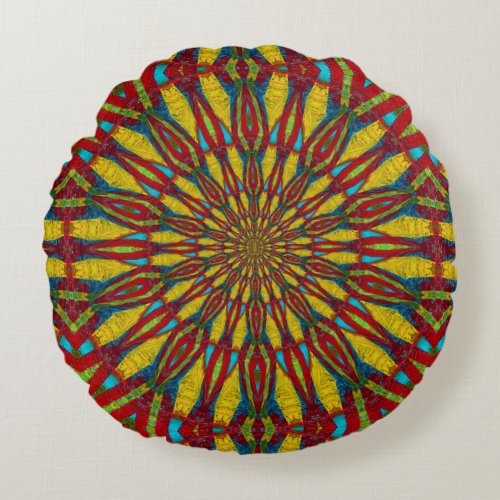  Abstract Hippie Red  Yellow Floral Ethnic Tribal Round Pillow