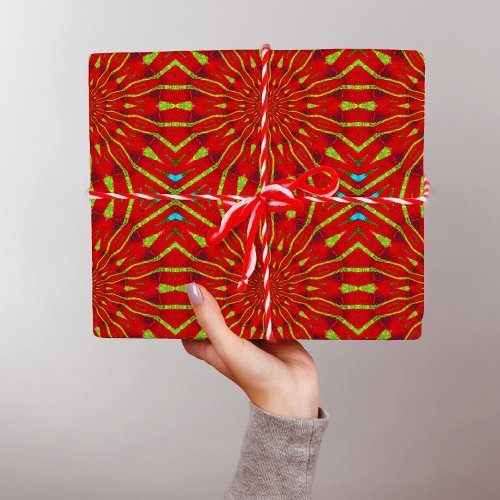  Abstract Hippie Red  Yellow Floral Ethnic Tribal Wrapping Paper