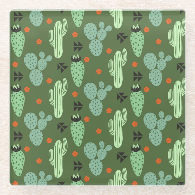 Abstract Hipster Cactus  Desert Pattern Glass Coaster (Front)