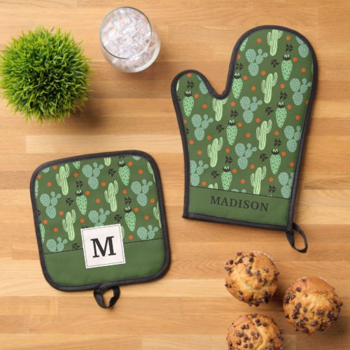 Abstract Hipster Cactus  Desert Pattern Oven Mitt  Pot Holder Set