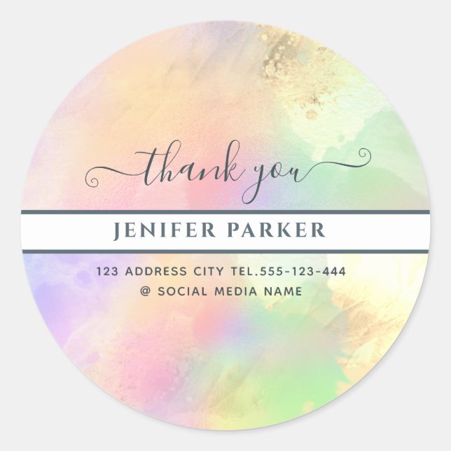 Abstract holographic gold modern script thank you  classic round sticker (Front)