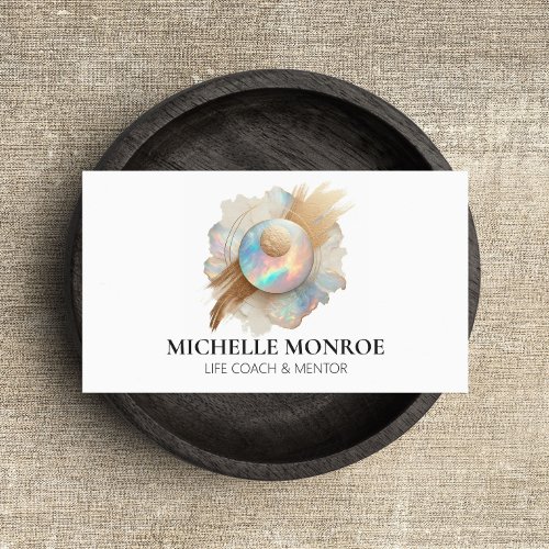 Abstract Holographic Opal with Gold Brushstrokes Business Card