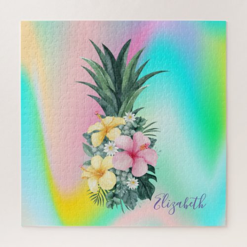 Abstract Holographic Pineapple Tropical Flowers Jigsaw Puzzle