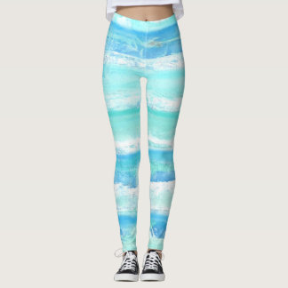 Abstract horizontal stripes blue turquoise white leggings