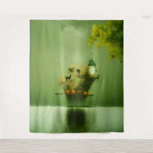 Abstract Horns Cat Green Occult Dark Witchy AI Art Tapestry