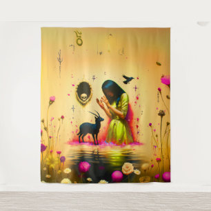 Abstract Horns Cat Skull Occult Dark Witchy AI Art Tapestry