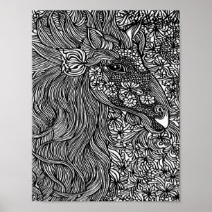 Abstract Horse face Flowers Original ink Art Poster