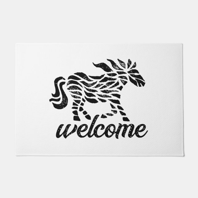 Abstract Horse Woodblock Print and "Welcome" Doormat (Front)